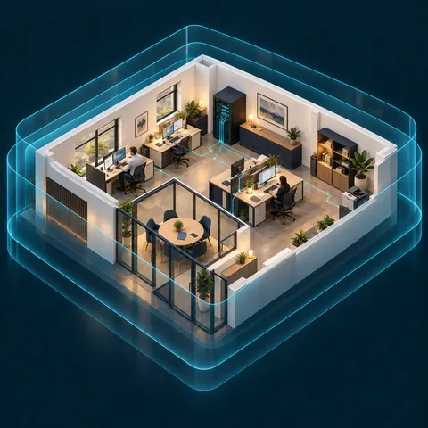 An isometric office inside a glowing cyan shield.